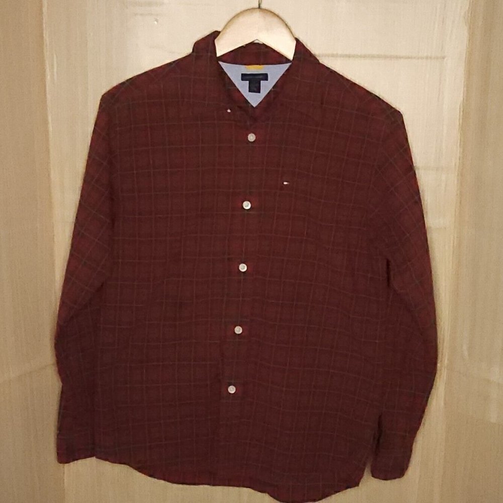 Tommy Hilfiger Boys Red Plaid Long Sleeve Button Down 16-18